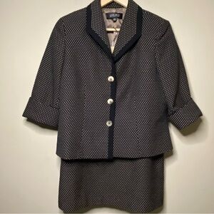 Kasper Skirt Suit Set Size 14P Black Tan Dots Lined Church Office